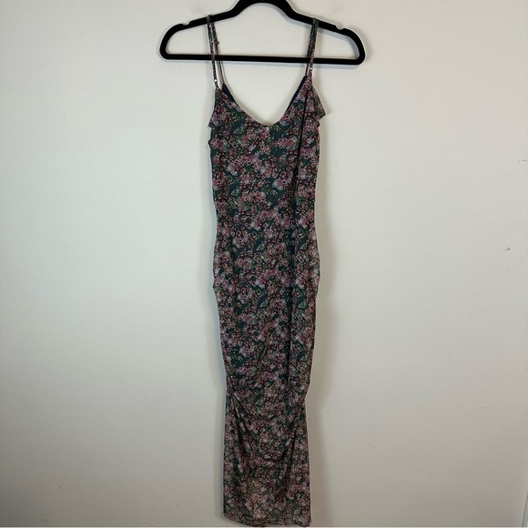 Allison Joy | Green and Pink Floral Mesh Ruched Front Midi Dress Size Small - Picture 6 of 6
